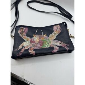 Small Crossbody Hand Painted Crab Navy Blue Adjustable Strap Zip Closure
